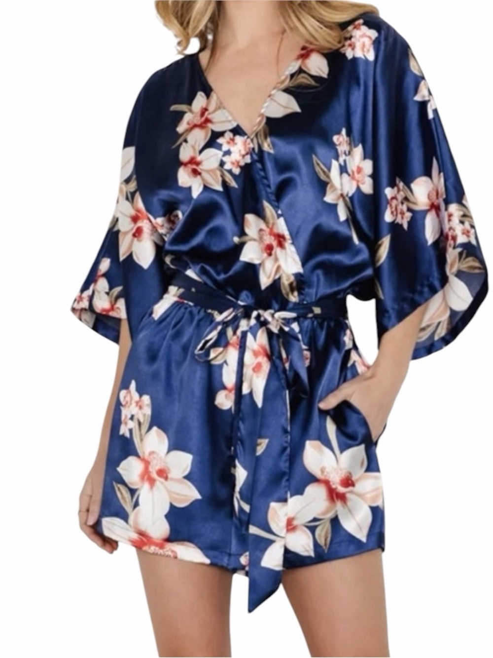 Baltic Born - NWT Aegean Floral Satin Romper Navy Blue Belted Sz L